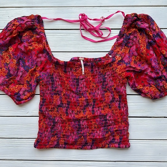 NWOT Free People Smocked Floral Crop Top Hot Pink Multi size XS - Picture 5 of 5